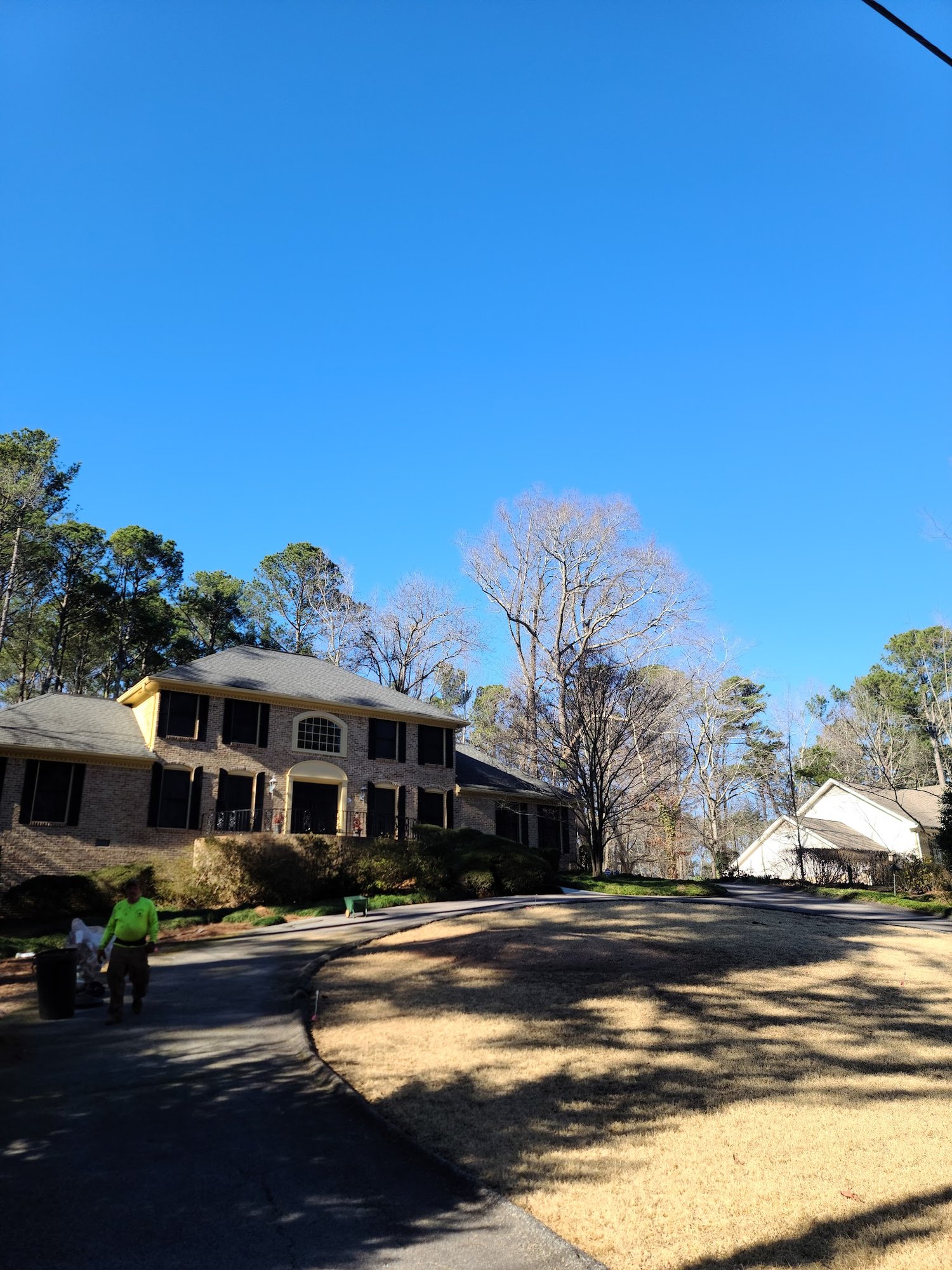 Heflin Tree Service crew on a Decatur residential property after a hardwood removal — driveway cleanup phase