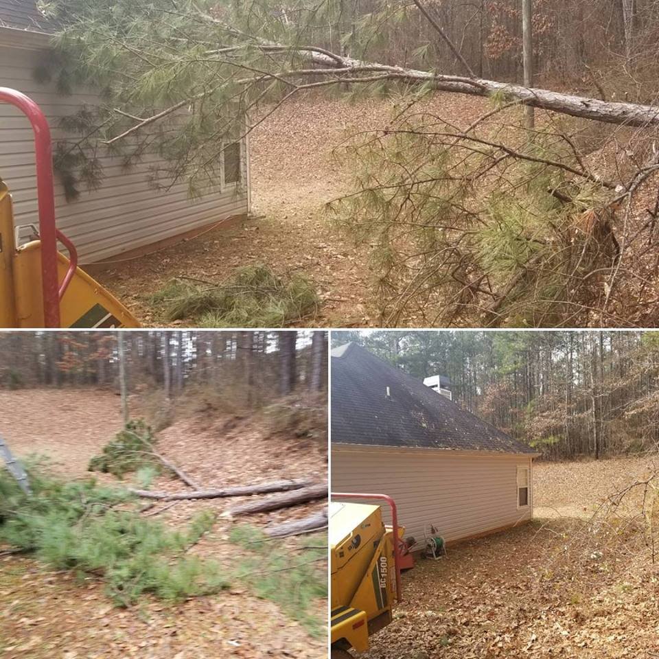 Heflin Tree Service storm cleanup — fallen pine resting against a Stone Mountain home with the company chipper staged on-site